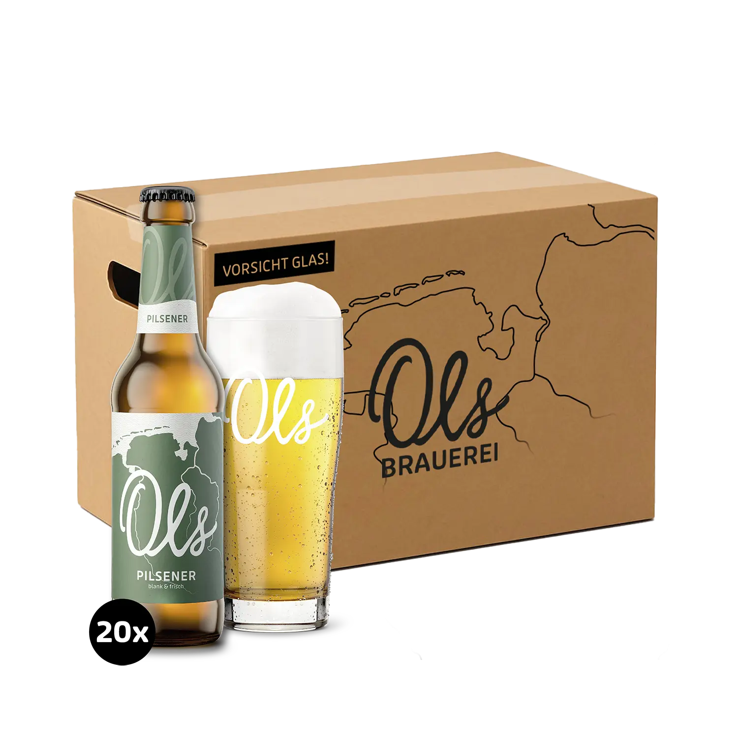 Eine Flasche Und Ein Glas Ols Pilsener Vor Einer Versandbox