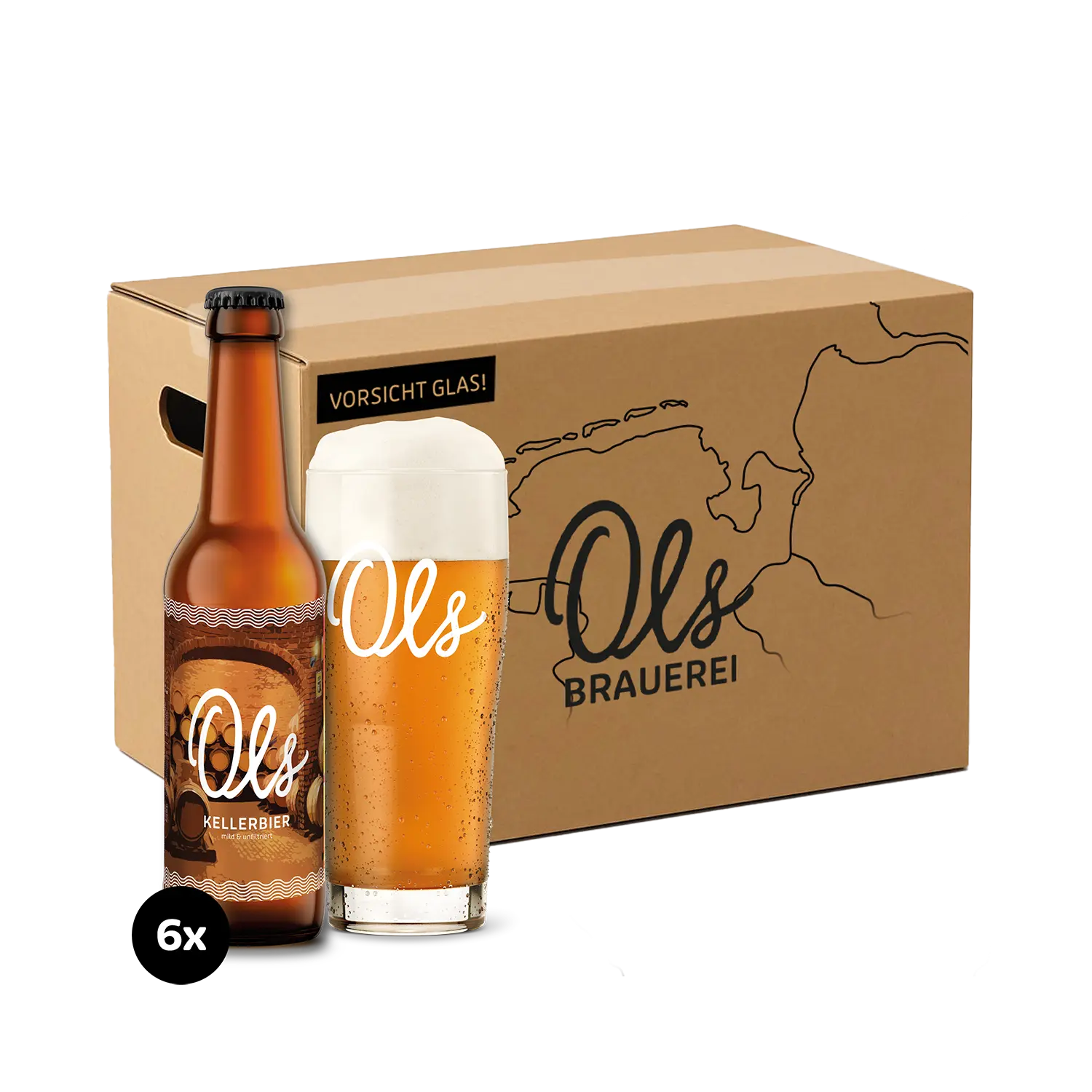 Ols Kellerbier Box Eine Flasche Und Ein Glas Ols Kellerbier Vor Einer Versandbox