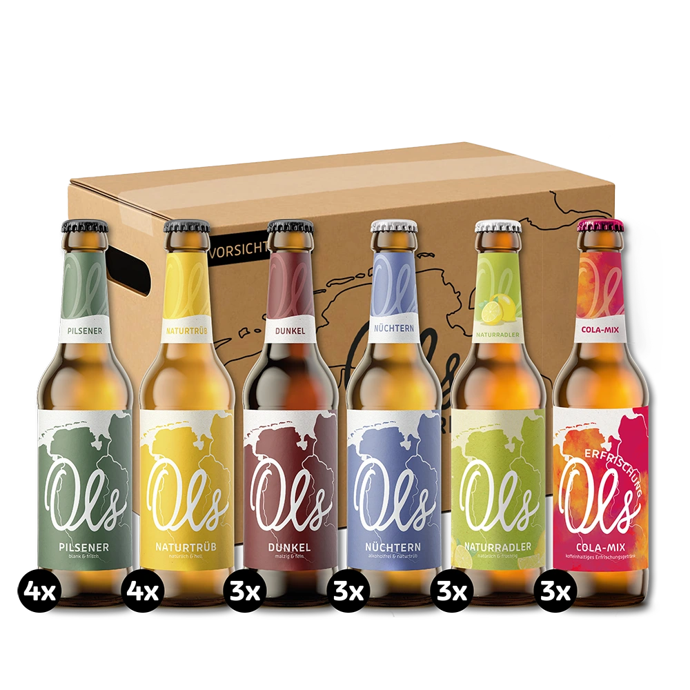 Ols Probierbox mit Cola Mix Verschiedene Flaschen Ols Vor Einer Versandbox