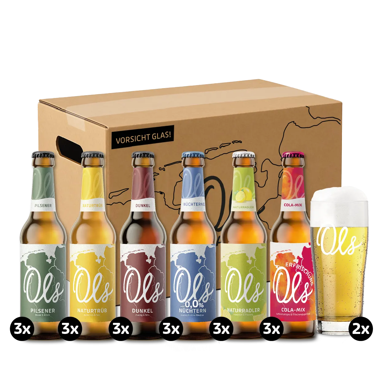 Ols Probierbox mit Gläser Viele Verschiedene Ols Flaschen Und Ein Glas Vor Einer Ols Versandbox