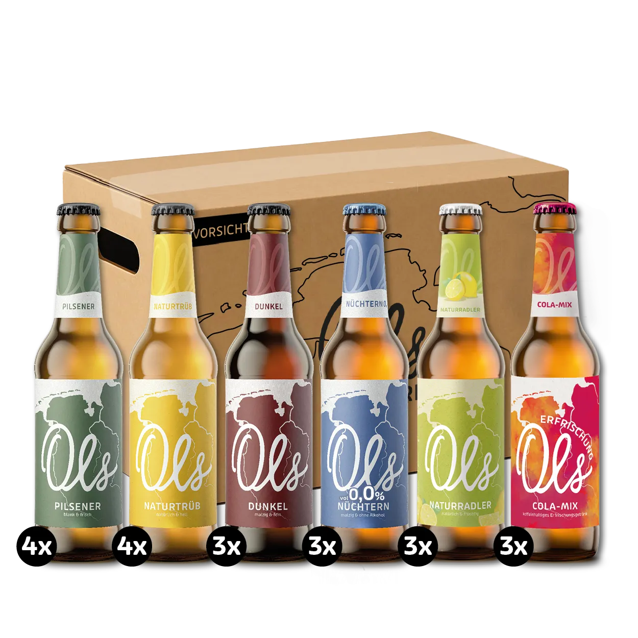 Ols Probierbox Verschiedene Ols Flaschen Vor Einer Ols Versandbox